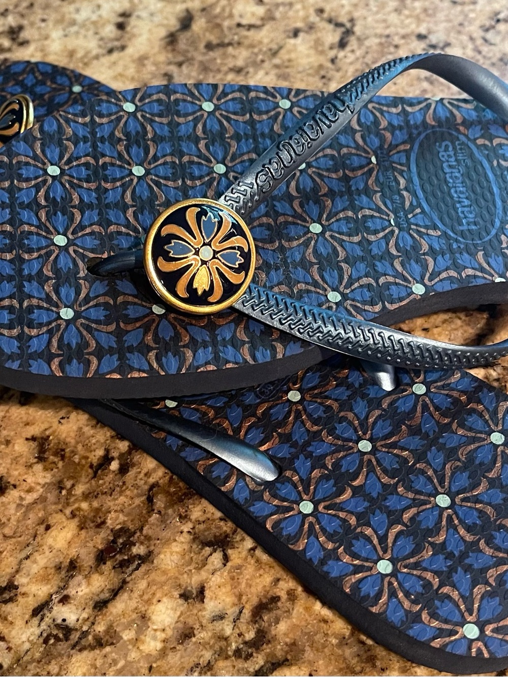 Havaianas Teal Blue and Gold Patterned Flip Flops